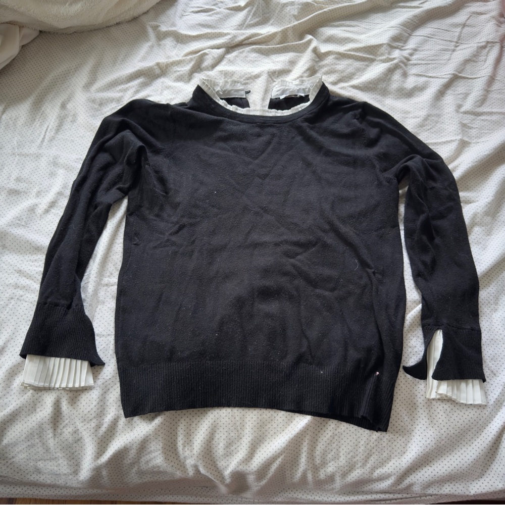 Black Crewneck Sweater with White Pleated Trim